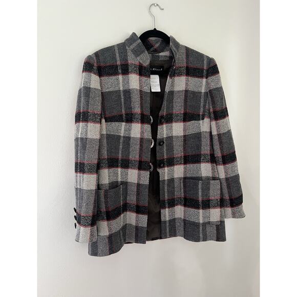 Louis Feraud Wool Blend Tartan Plaid Blazer Coat Jacket Size 12 Vintage Toggle - Picture 5 of 9